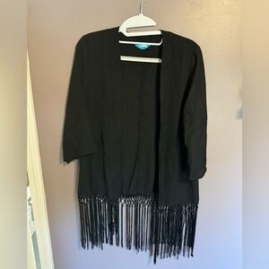 Lamour Nanette L’amour Black Open Front Kimono Cardigan Tassel Fringe. Sz Small